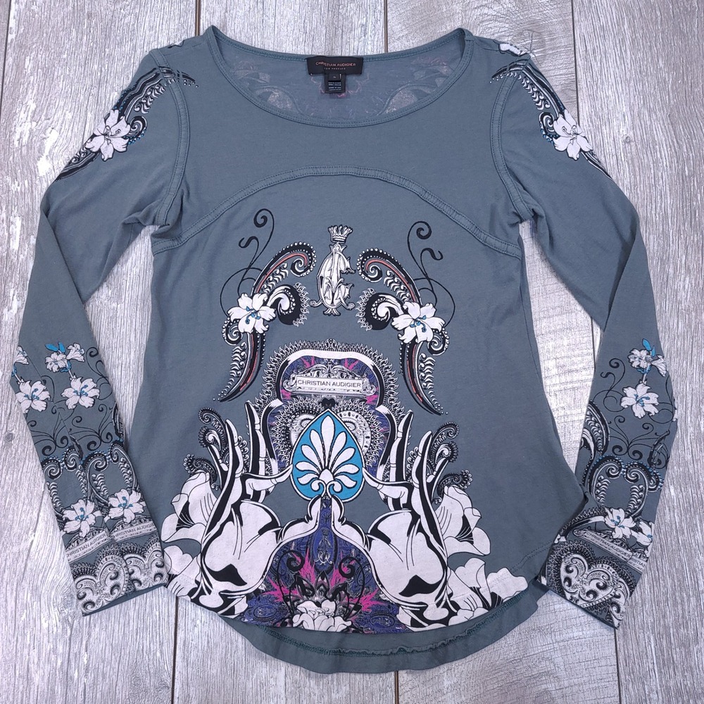 Christian Audigier Graphic Tee Women Small Gray Long Sleeve Floral Supima Modal